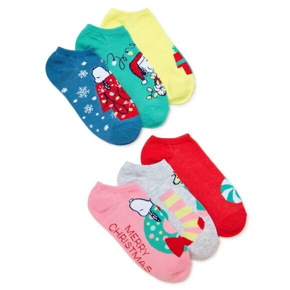 Peanuts Holiday No-Show Socks 6 Pair Shoe Size 4-10 by High Point Design - Picture 2 of 9